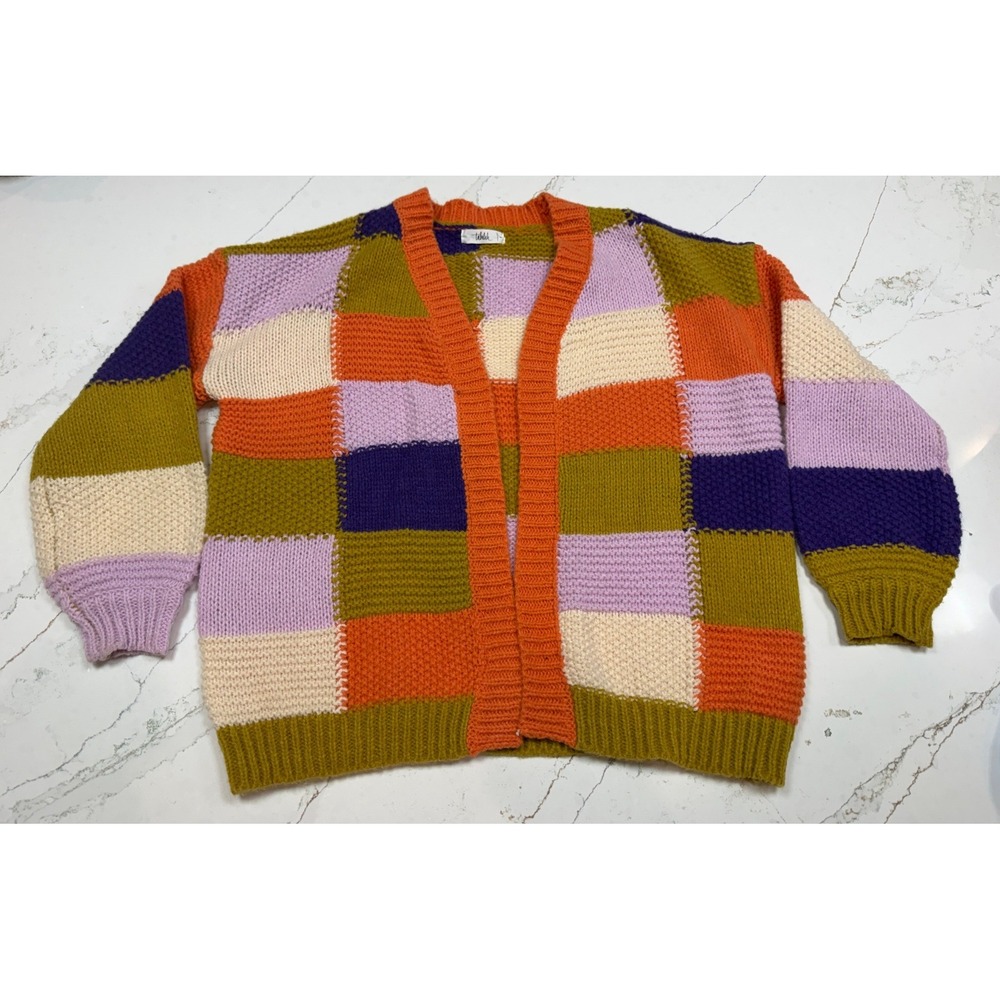 Patchwork Knit Cardigan Sweater‎ Orange Purple Green Cream Size S